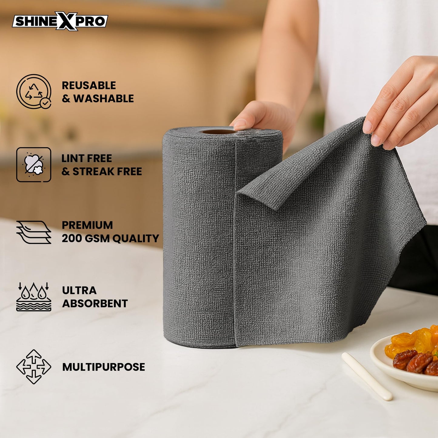 ShineXPro Microfiber Cleaning Cloth Roll, 50Pcs, 10000 Times Washable - 10X Cheaper Than Paper Kitchen Towel Roll - Ultra Absorbent Lint Free Microfiber Cleaning Cloth for Kitchen - Tearable, Reusable